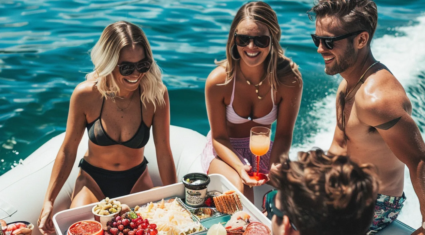 people on boat eating charcuterie
